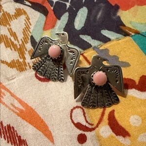 Sterling Silver and Pink Conch Stone Thunderbird Earrings